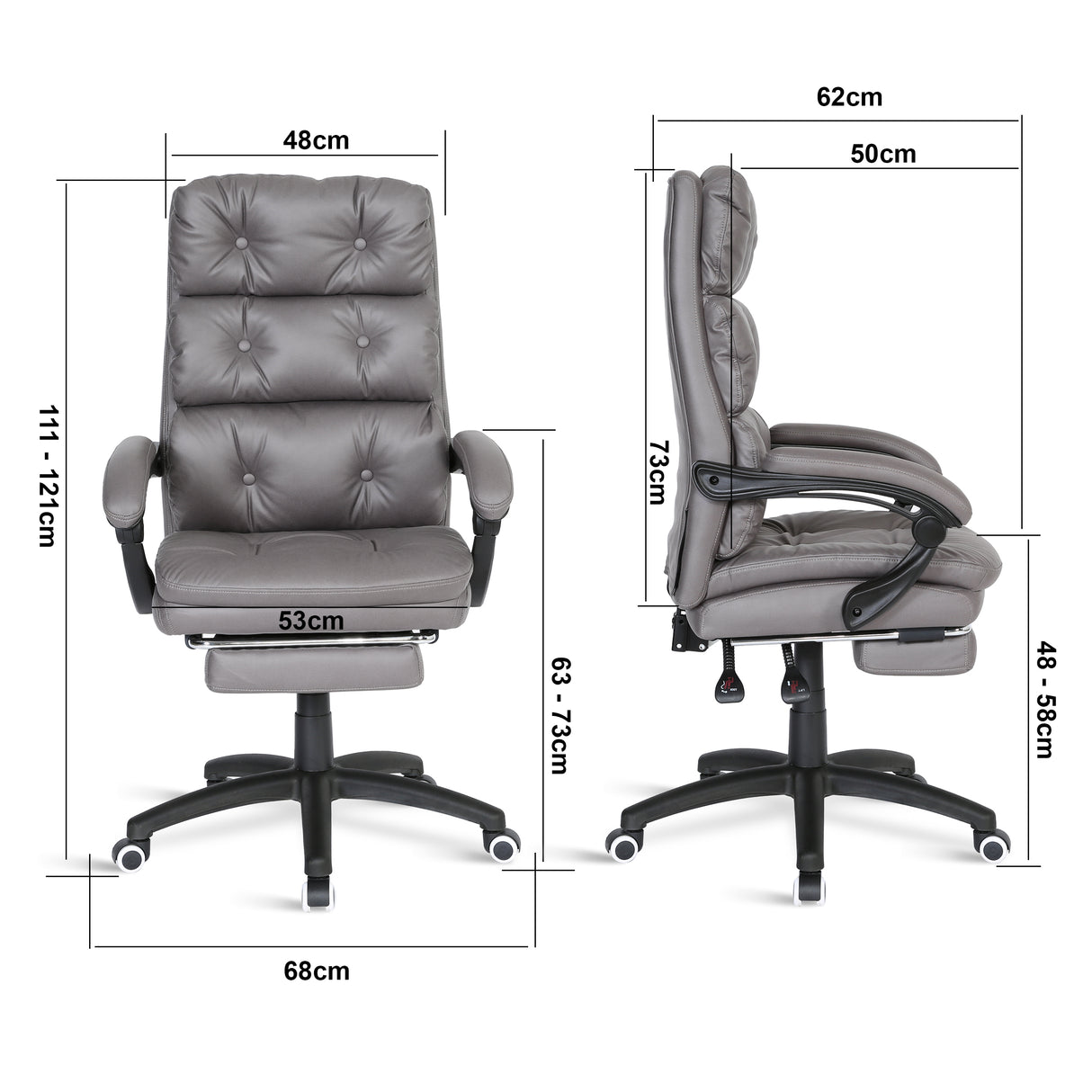 Ergonomic office chair, UK, 68cm(W), 111-121cm(H), 50cm(D), seat width 53cm, adjustable comfort.