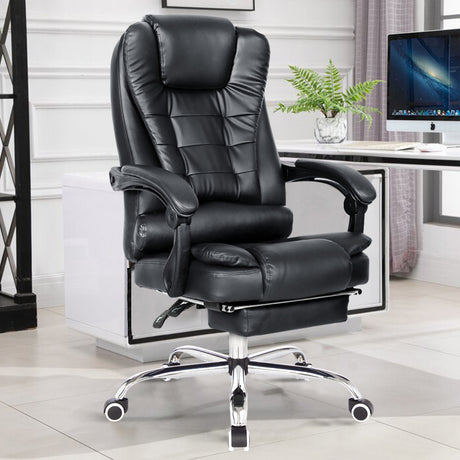 Comfortable office chair with headrest in sleek black leather for optimal support.