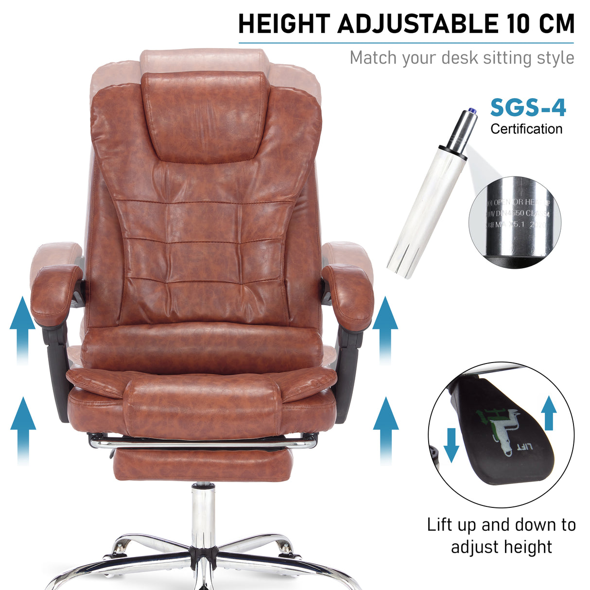 Office chair with massage functions & 10 cm height adjustment for comfort.