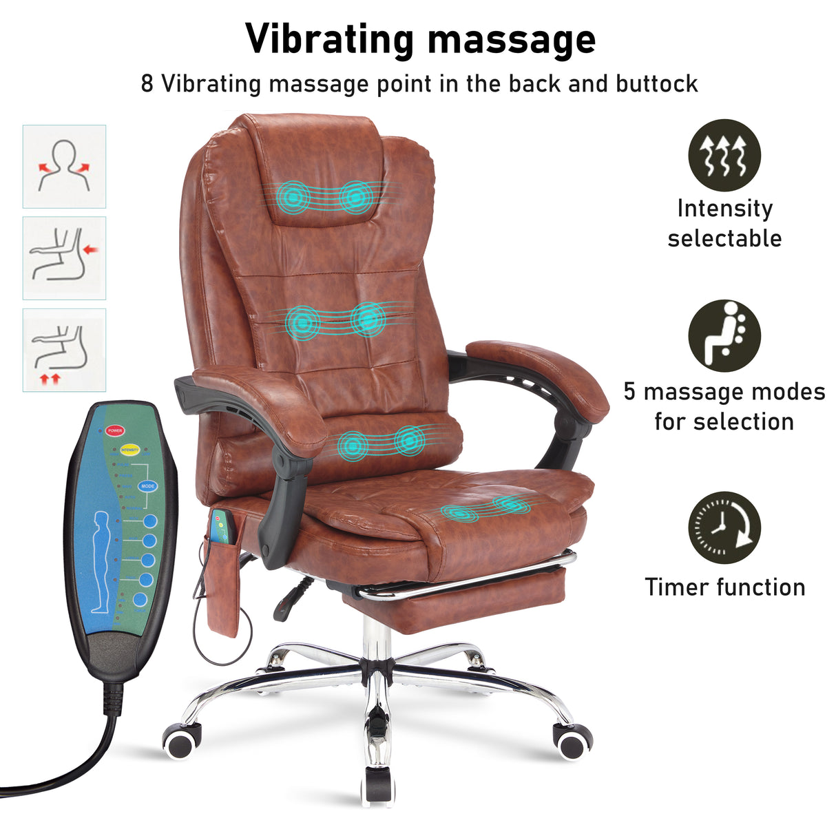 Office desk chair with massage and heat, vibrating massage, and timer function for relaxation.