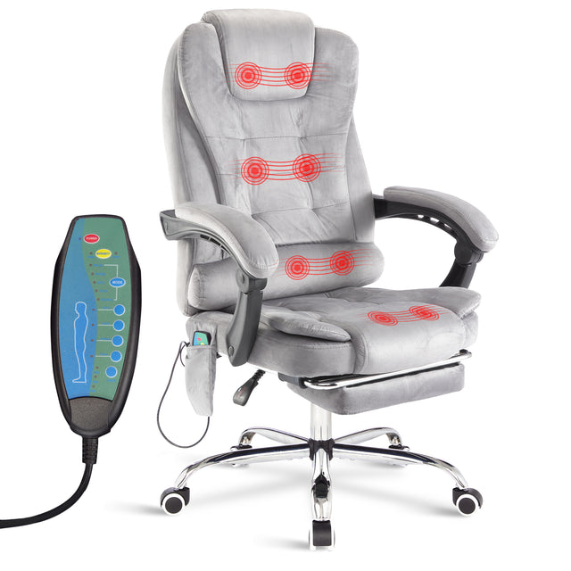 Office desk chair with grey fabric, massage function, ergonomic design, and swivel base.