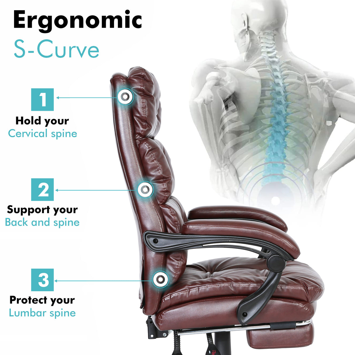 Office executive chair with ergonomic S-curve design for superior back support and comfort.