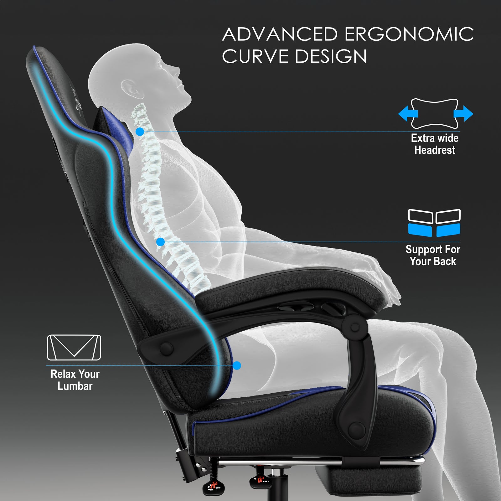 [Black + Blue] Xstriker Gaming Chair With Footrest featuring advanced ergonomic curve design, extra wide headrest, lumbar support, and back support for PC or office use.
