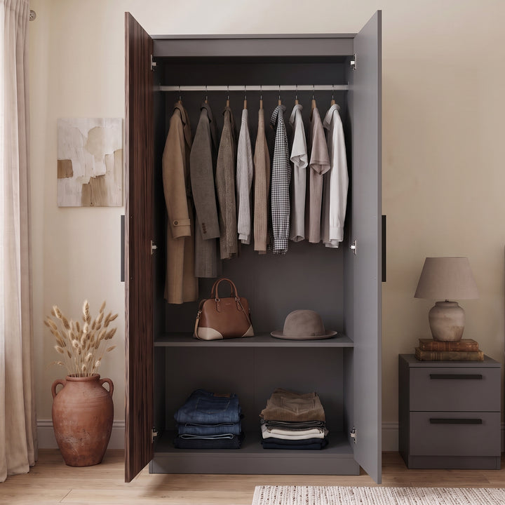 [Walnut] Blythe 2 Door Wardrobe with Shelves and Hanging Rail fully open to display the internal storage space, rail, and lower shelf.