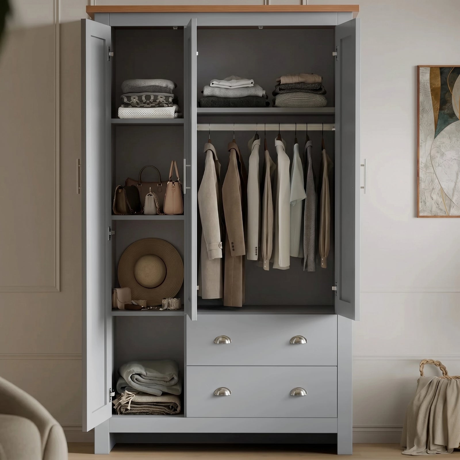 [Grey] Shaker Triple Wardrobe With Drawers And Shelves open revealing hanging clothes, shelves, hats.