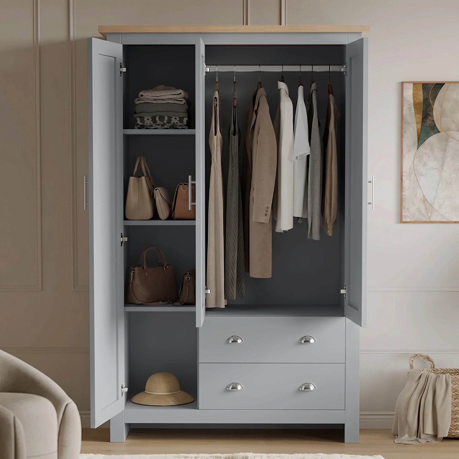 [Grey] Shaker Triple Wardrobe With Drawers And Shelves open revealing hanging clothes, shelves, hats.