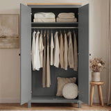 [Grey] Haven Grey 2 Door Double Wardrobe with Shelves and Hanging Rail open showing hanging clothes, blankets, and pillows.