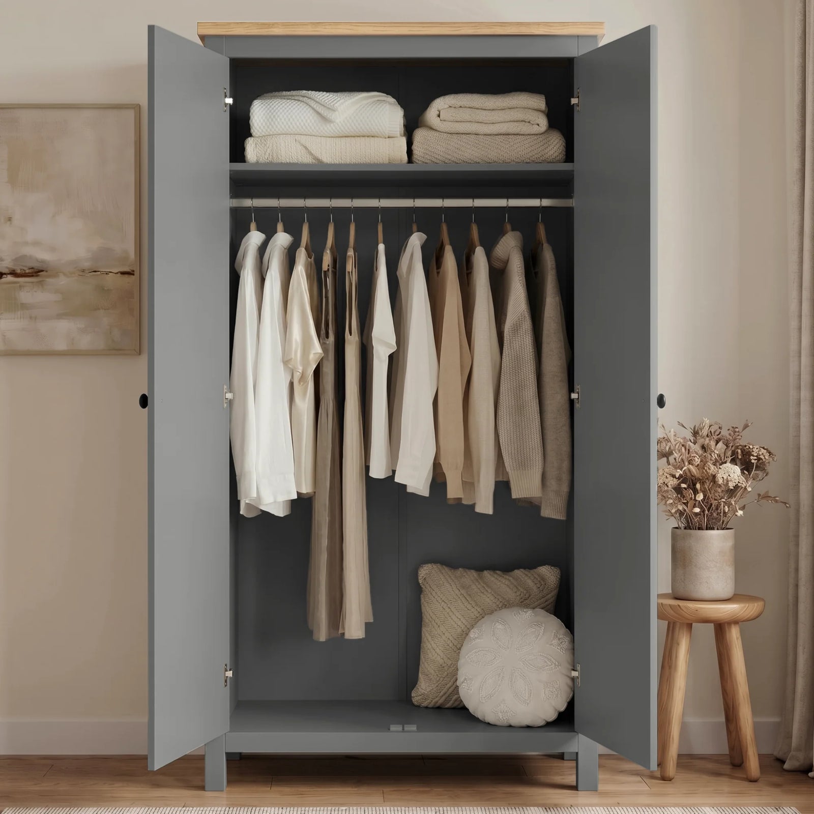 [Grey] Haven Grey 2 Door Double Wardrobe with Shelves and Hanging Rail open showing hanging clothes, blankets, and pillows.