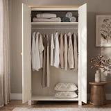 [White] Linra White Painted 3 Piece Bedroom Furniture Set - Oak Top open wardrobe showcasing the internal hanging space.