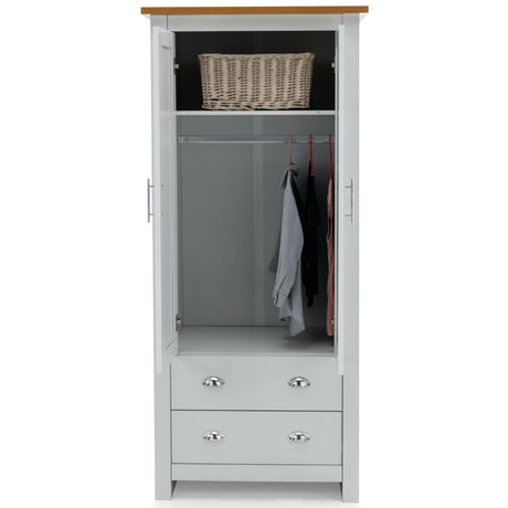 Open white wardrobe with two drawers, wooden top, hanging space with in a minimalist design.