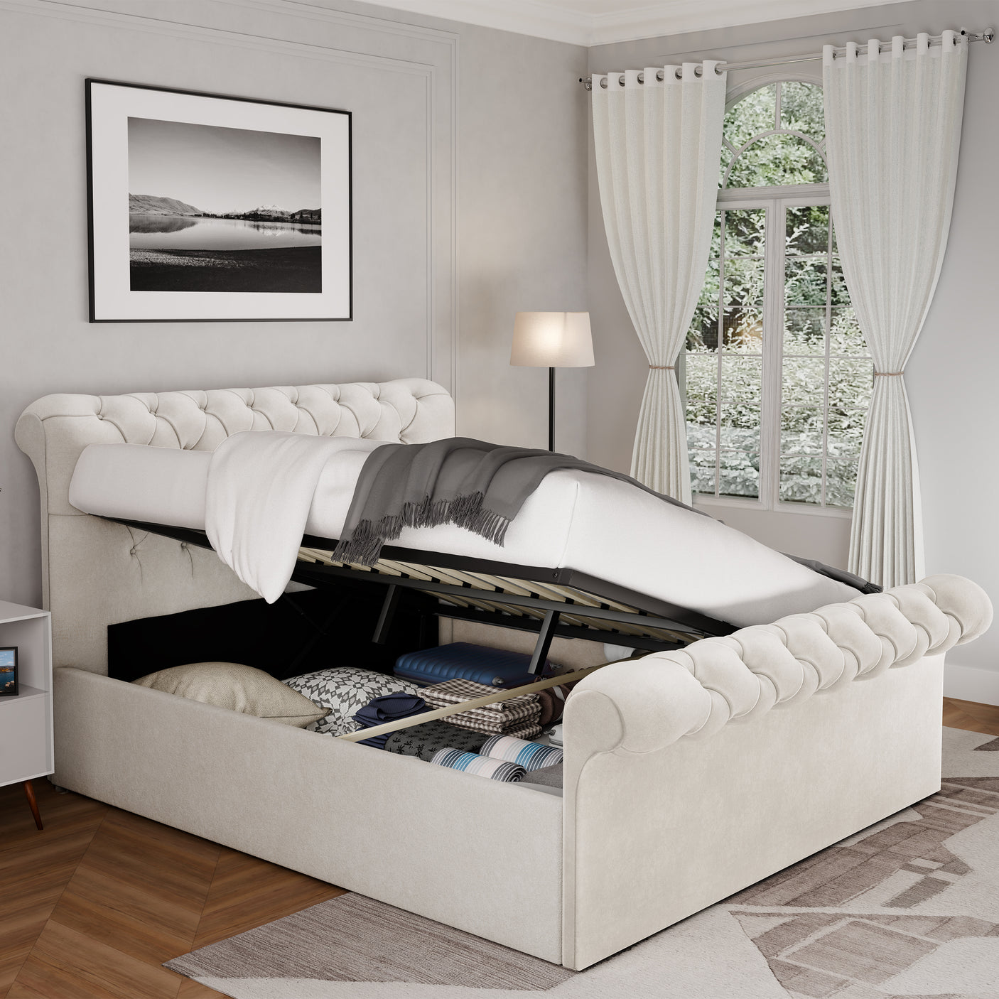 Blisswood Velvet Chesterfield Design Side lift Ottoman Bed With Storage