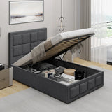 Dark grey ottoman storage bed frame with mattress lifted to reveal spacious under-bed storage. Ideal for modern bedrooms with limited space.
