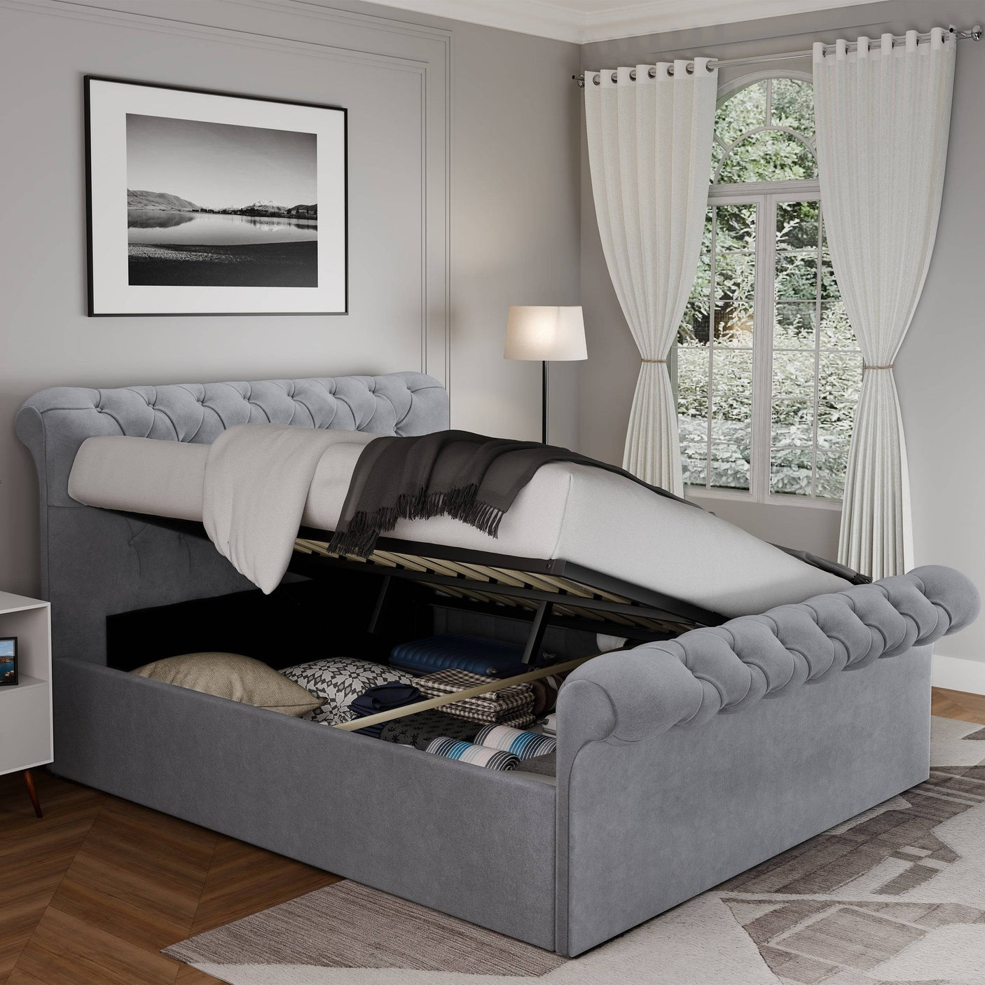 Blisswood Velvet Chesterfield Design Side lift Ottoman Bed With Storage