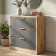 [Oak + Grey] Skova 3-drawer chest front view in a styled room with plant and decorative items on oak top