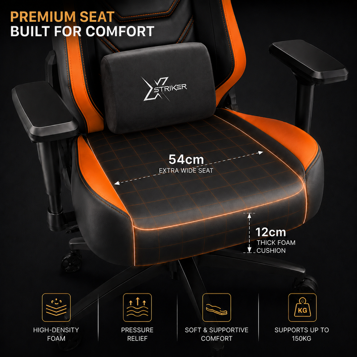 [Black + Orange] gaming chair with a matching headrest pillow, shown with measurement callouts for the 54cm wide seat and 12cm thick foam cushion, plus feature icons for high-density foam, pressure relief, soft support, and up to 150kg weight support.