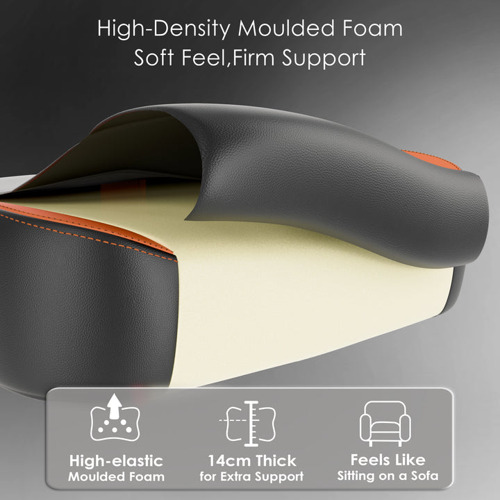 [Black + Orange] Cross-section of Xstriker Gaming Chair seat cushion showing high-density moulded foam with 14cm thickness for firm ergonomic support.