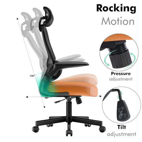 Orange and black adjustable office chair with rocking feature and ergonomic mesh back for comfort.