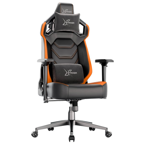 Xstriker Gaming Chair with ergonomic racing design, black and orange finish, 4D armrests, lumbar and neck support for long gaming sessions