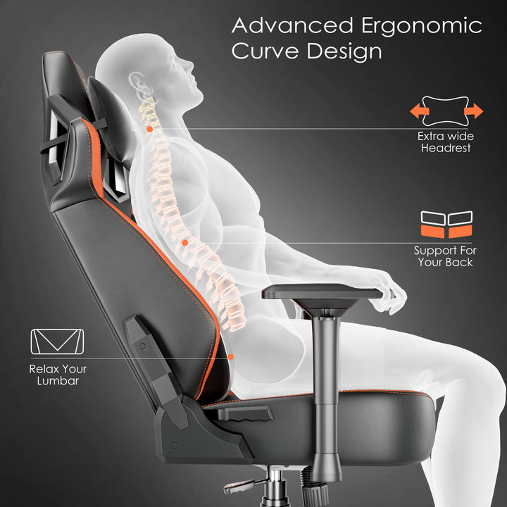 [Black + Orange] Xstriker Gaming Chair with ergonomic racing design, 4D armrest, and lumbar support for spine alignment and comfort during long gaming sessions.