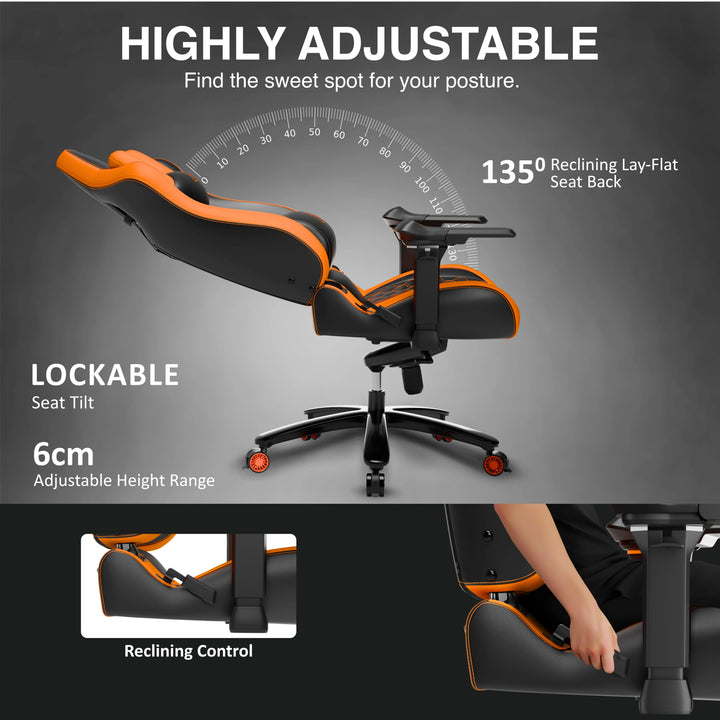 [Black + Orange] Ergonomic chair with adjustable features on a gray background