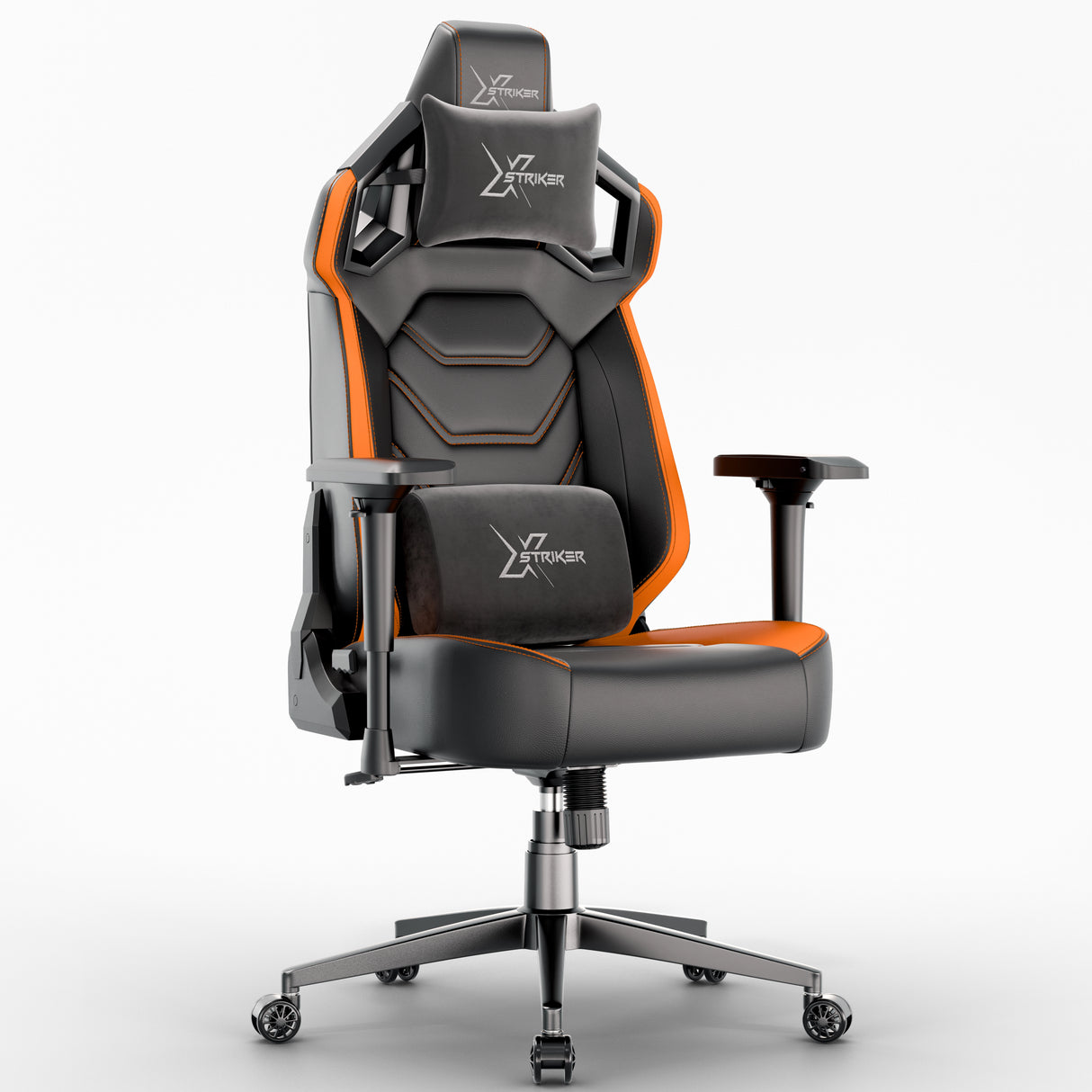 Xstriker Gaming Chair with ergonomic racing design, black and orange finish, 4D armrests, lumbar and neck support for long gaming sessions