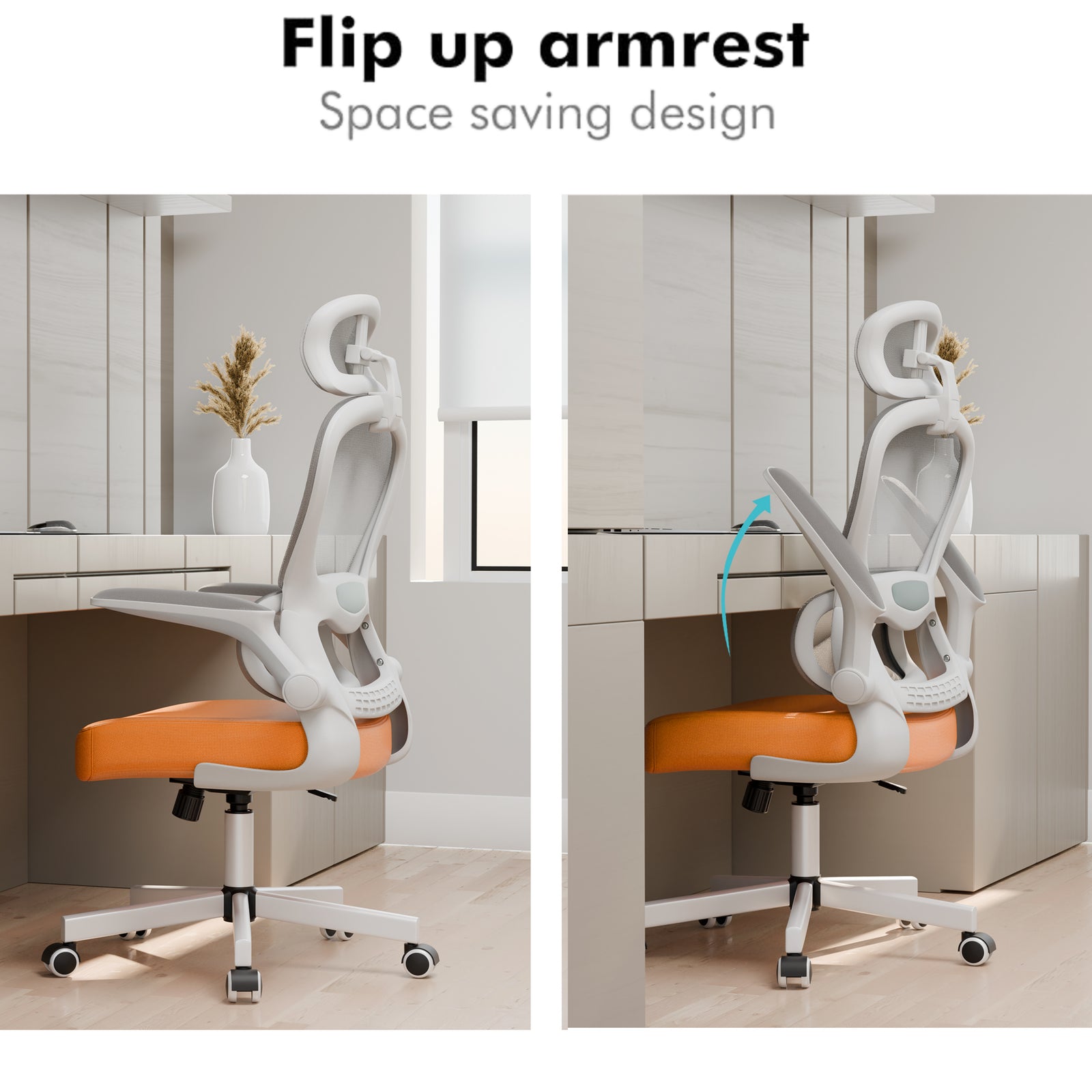 [Orange + Grey] Flip-up armrest feature on ergonomic home office chair with orange seat. Space-saving design ideal for compact workspaces.
