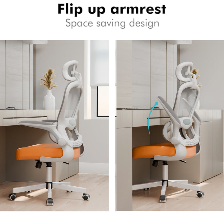[Orange + Grey] Flip-up armrest feature on ergonomic home office chair with orange seat. Space-saving design ideal for compact workspaces.