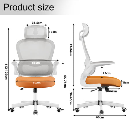 Dimensions of lumbar support chair with headrest: seat width 50 cm, depth 64 cm, and adjsutable height 112-129 cm.