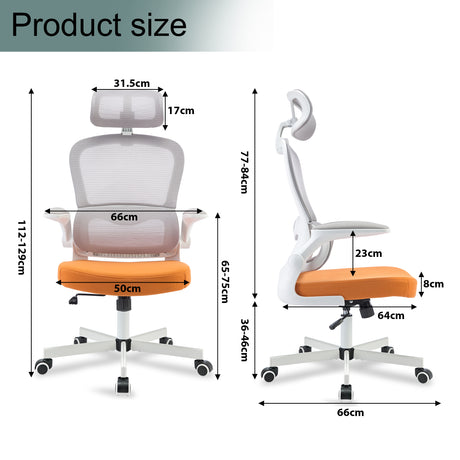 Orange office chair with headrest, ergonomic design, and detailed dimensions.