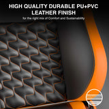 High-quality durable PU+PVC leather finish on a product with text highlighting comfort and sustainability.