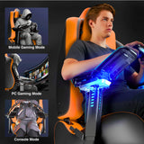 Gaming chair with mode indicators for mobile, PC, and console gaming, featuring a person using a controller.