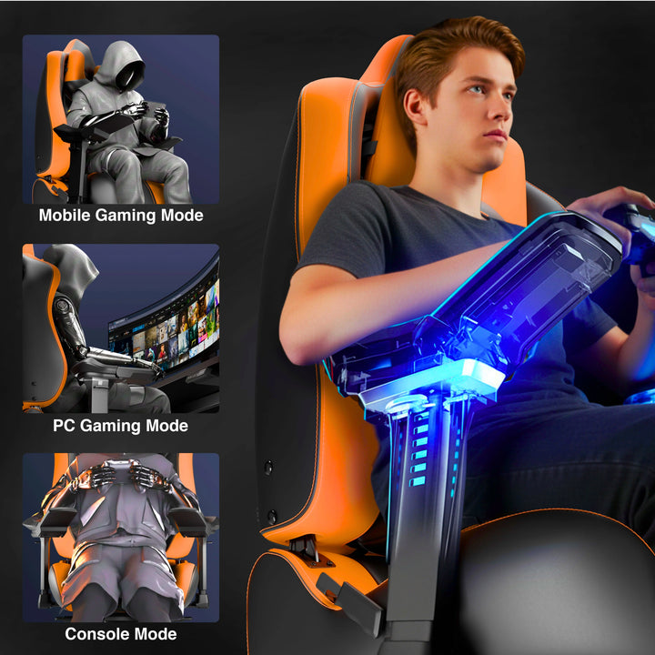 [Black + Orange] Gaming chair with mode indicators for mobile, PC, and console gaming, featuring a person using a controller.