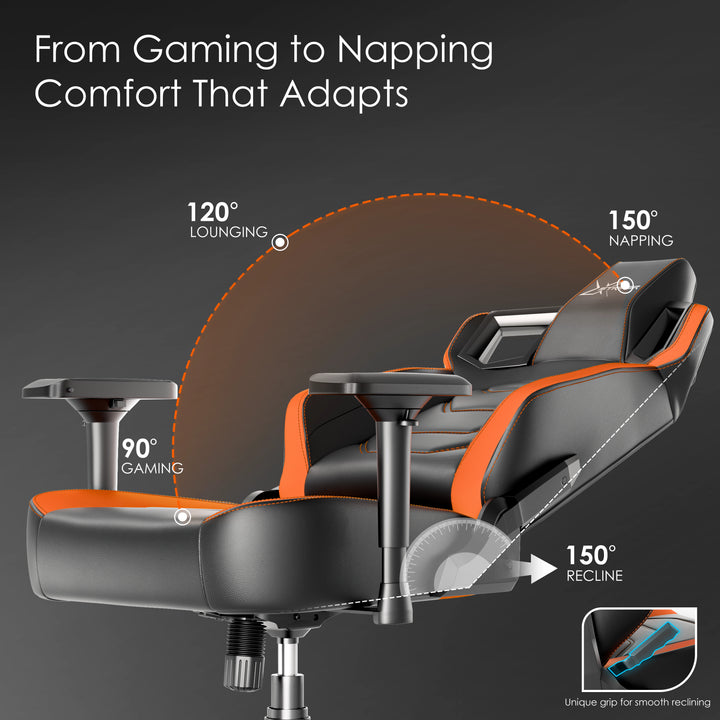 [Black + Orange] Xstriker Gaming Chair with ergonomic racing design reclines from 90° to 150°, ideal for gaming, lounging, and napping. Features 4D adjustable armrests.