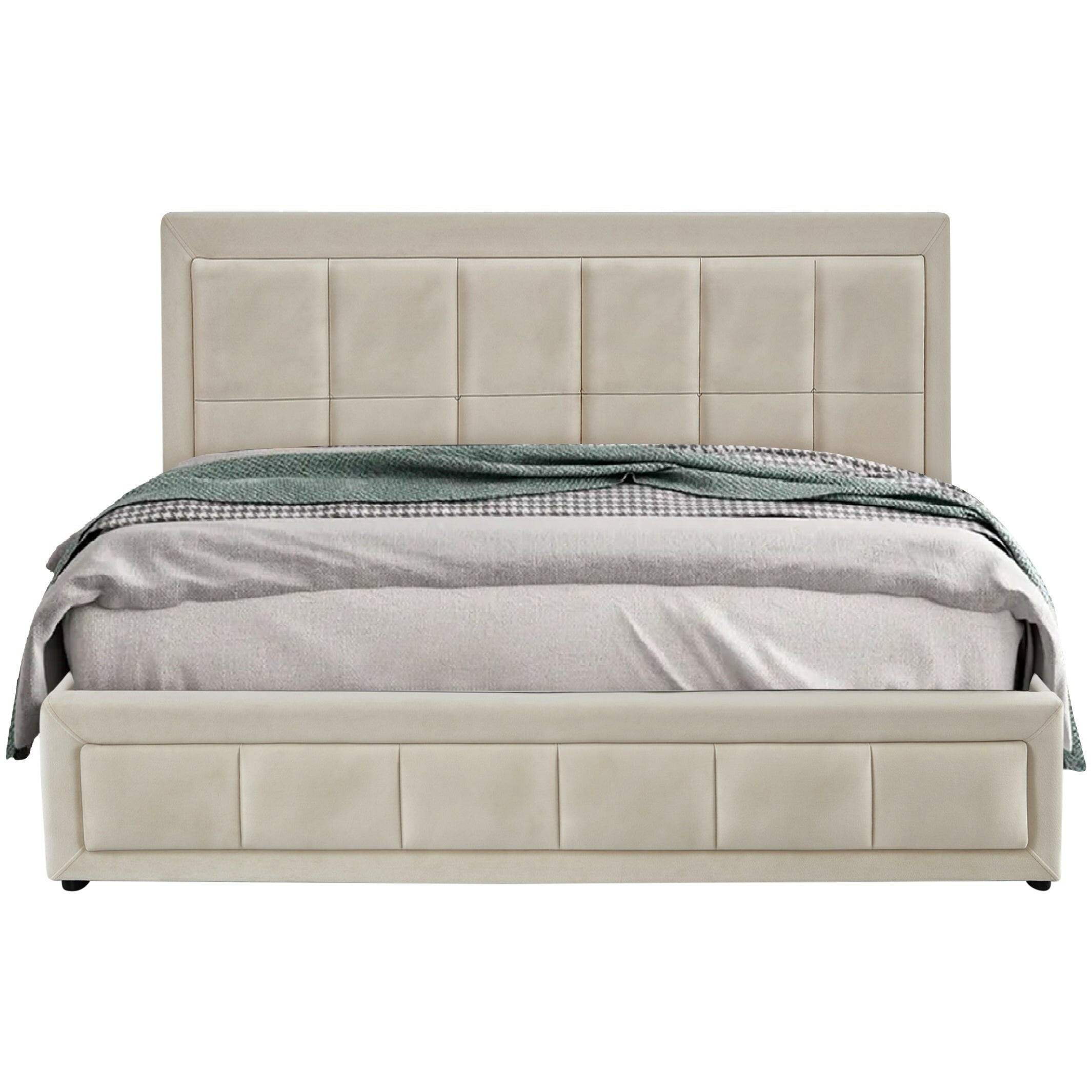 Beige ottoman storage bed with a padded, modern panel headboard and sleek design for bedrooms.