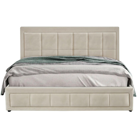 Beige ottoman bed with upholstered frame and built-in storage for a stylish and practical bedroom.