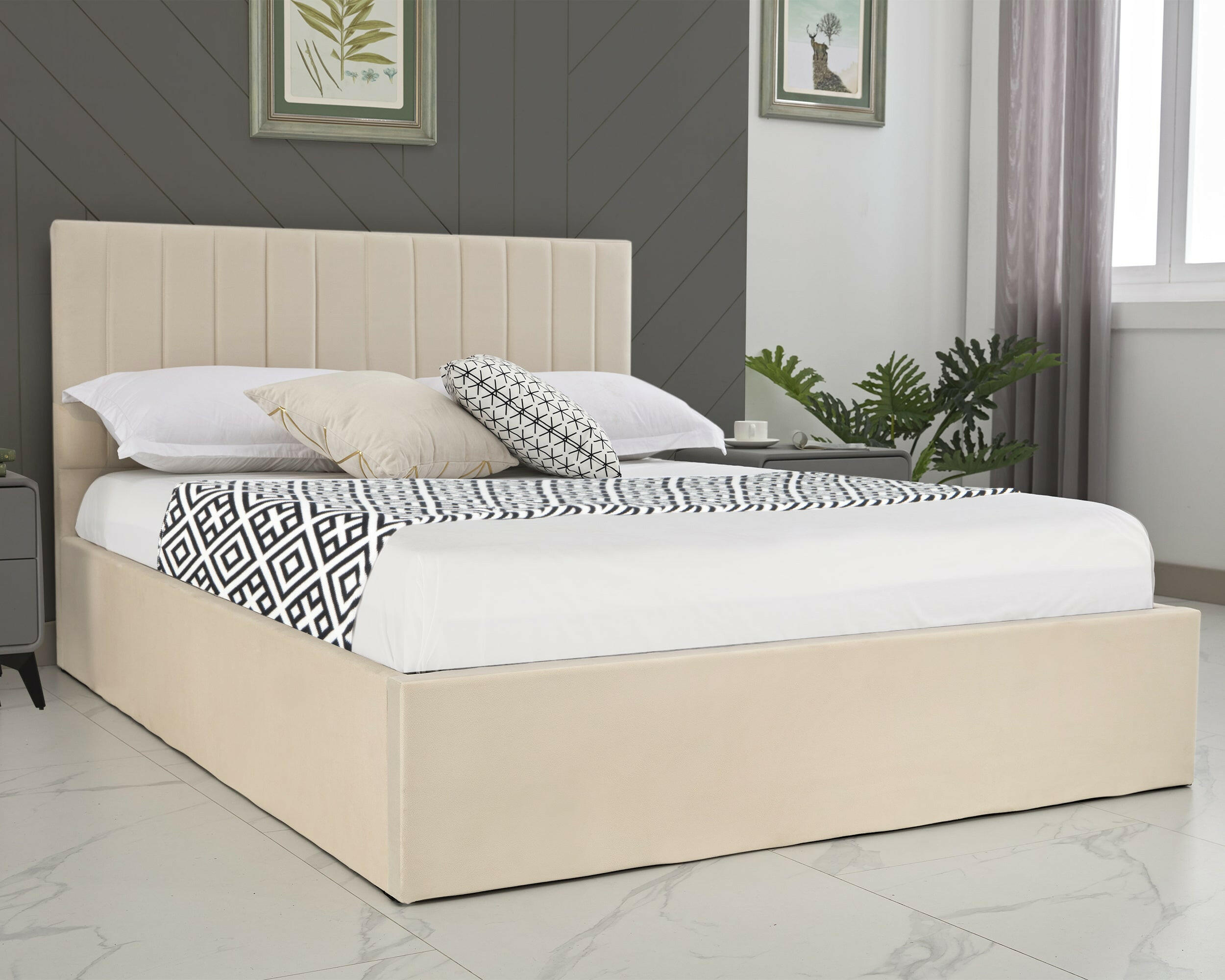 King size ottoman bed frame with spacious storage underneath, ideal for bedroom storage solutions.