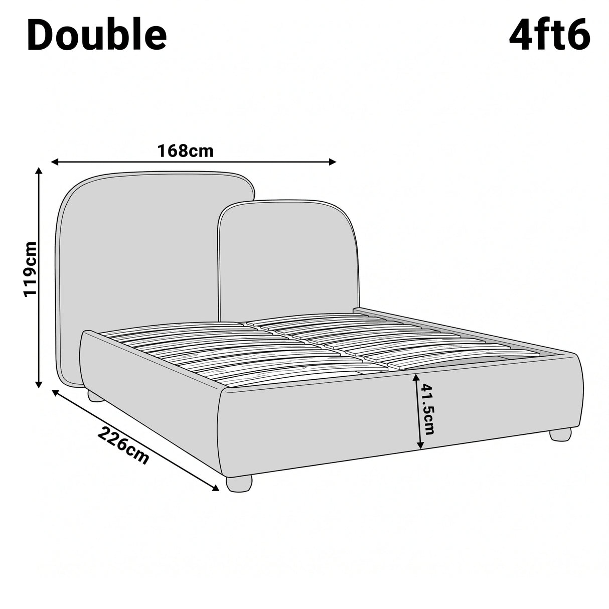 [Double | Grey] Dimensions double 4ft6 ottoman bed frame: 168 cm width, 226 cm length, headboard 119 cm, base 41.5 cm