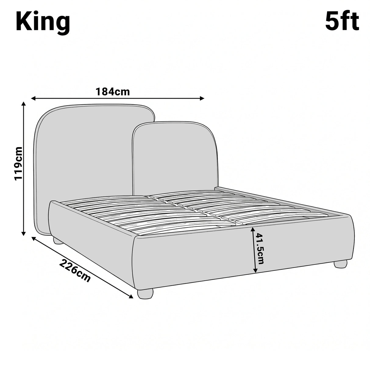 [King | Grey] Dimensions king 5ft ottoman bed frame: 184 cm width, 226 cm length, headboard 119 cm, base 41.5 cm
