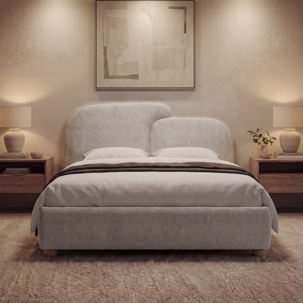 [King | Grey] Styled grey king ottoman bed frame with curved headboard in bedroom with lamps and abstract wall art