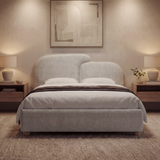 [King | Grey] Styled grey king ottoman bed frame with curved headboard in bedroom with lamps and abstract wall art