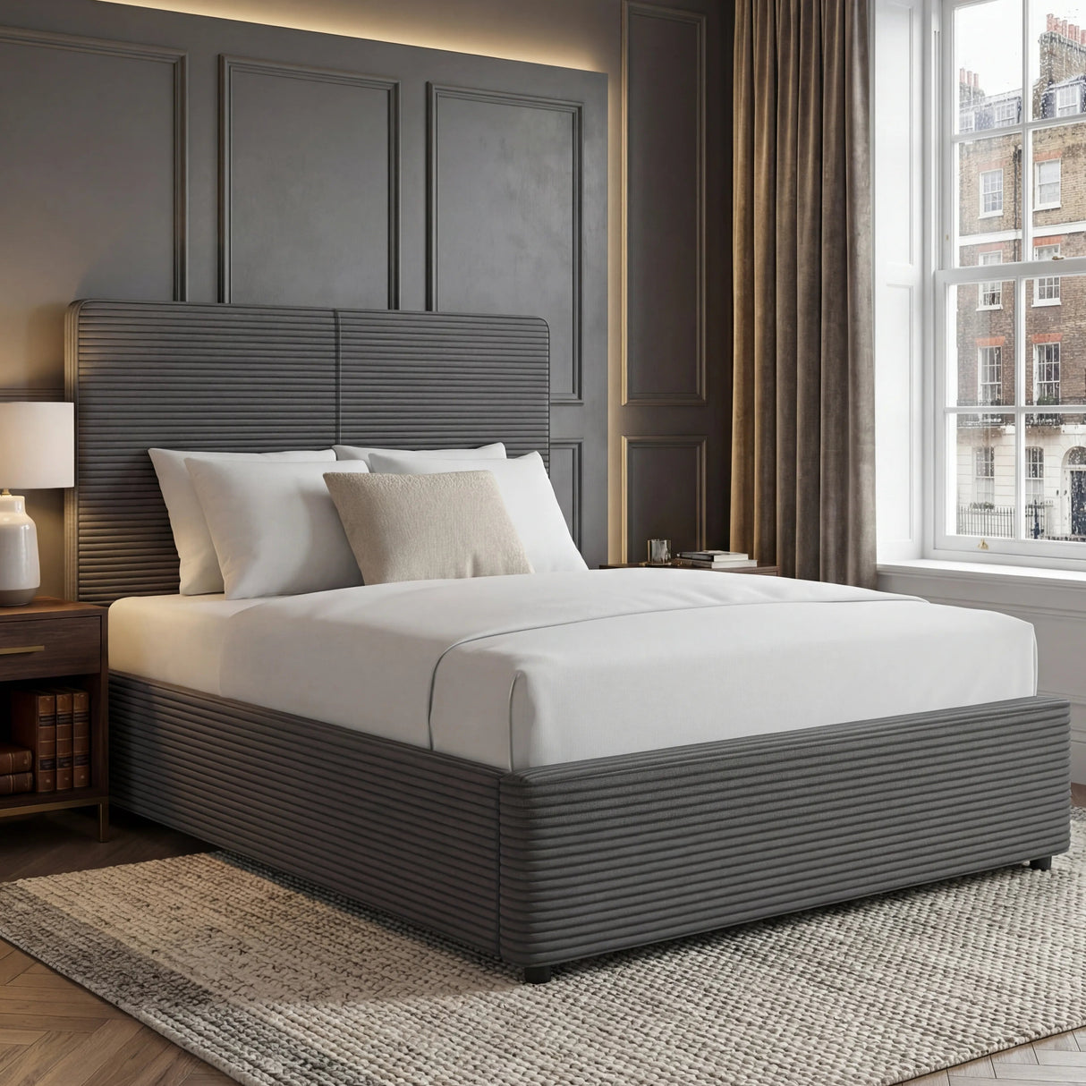 Ottoman bed single grey with ribbed headboard and footboard upholstrey placed in a bedroom