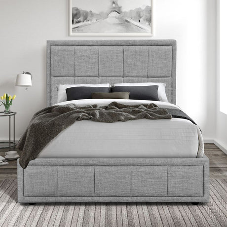 Single grey upholstered bed with tufted headboard and cozy bedding in a modern room.