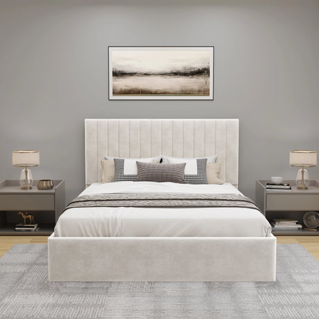 Neatly made bed with decorative pillows in a bedroom setting with two nightstands and a wall painting.