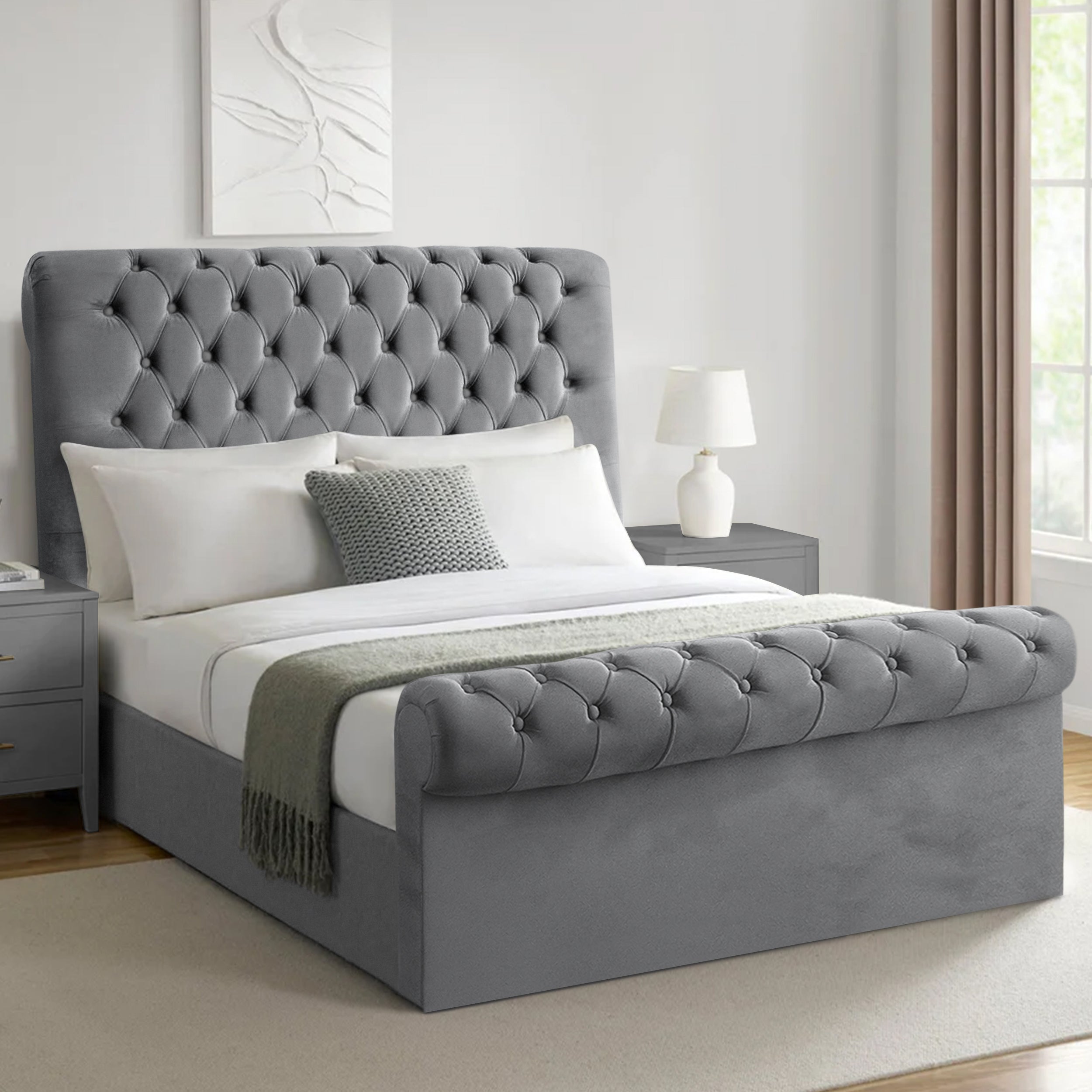 Chesterfield ottoman bed in dark grey with elegant tufted design and spacious under-bed storage.