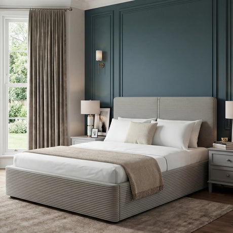 Ottoman king size bed frame grey with ribbed headboard and footboard upholstrey placed in a bedroom