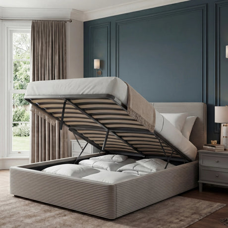 Open ottoman king size bed with storage showing beddings stored inside, placed in a bedroom