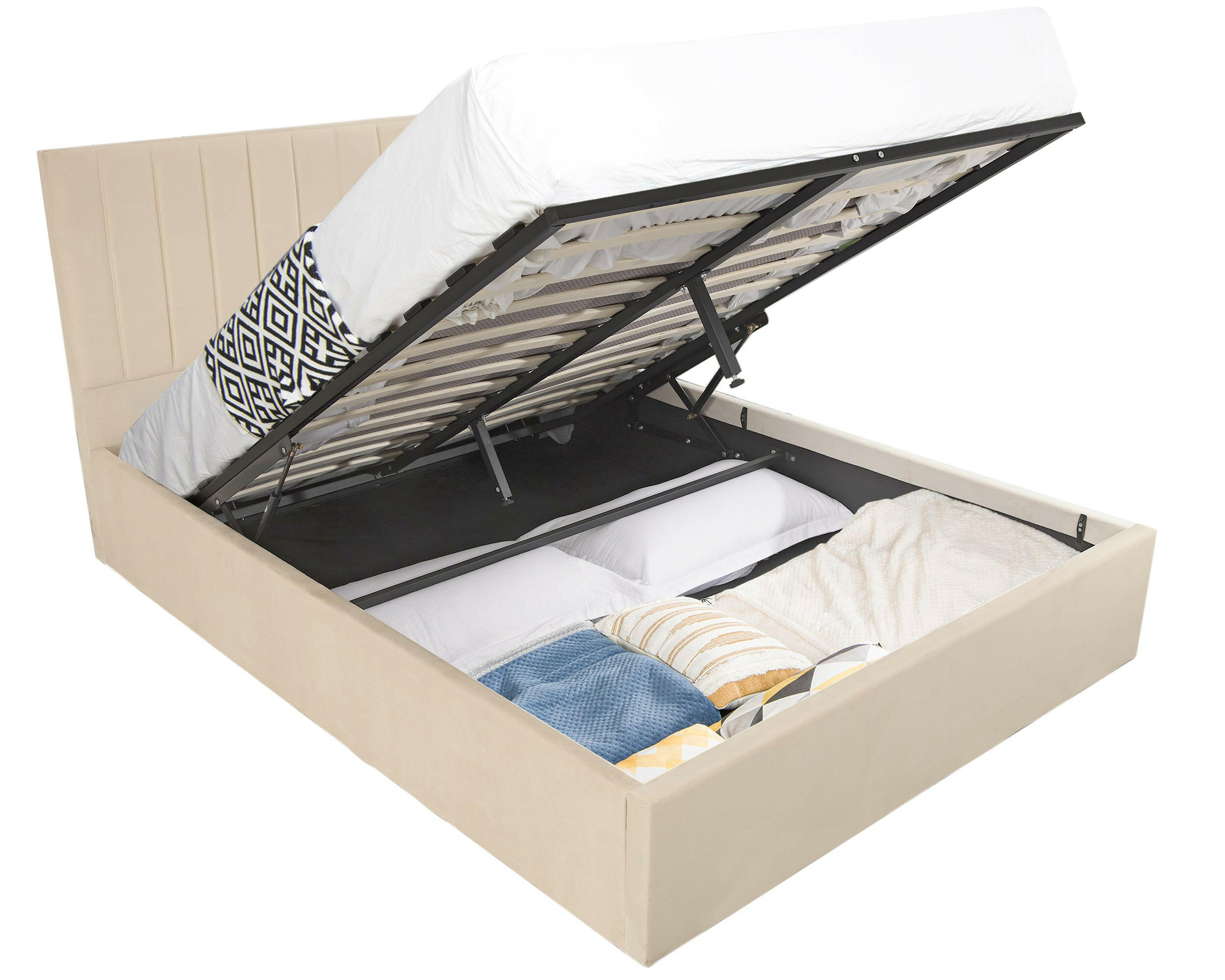 Single ottoman bed frame with hidden storage, perfect for compact bedroom spaces.