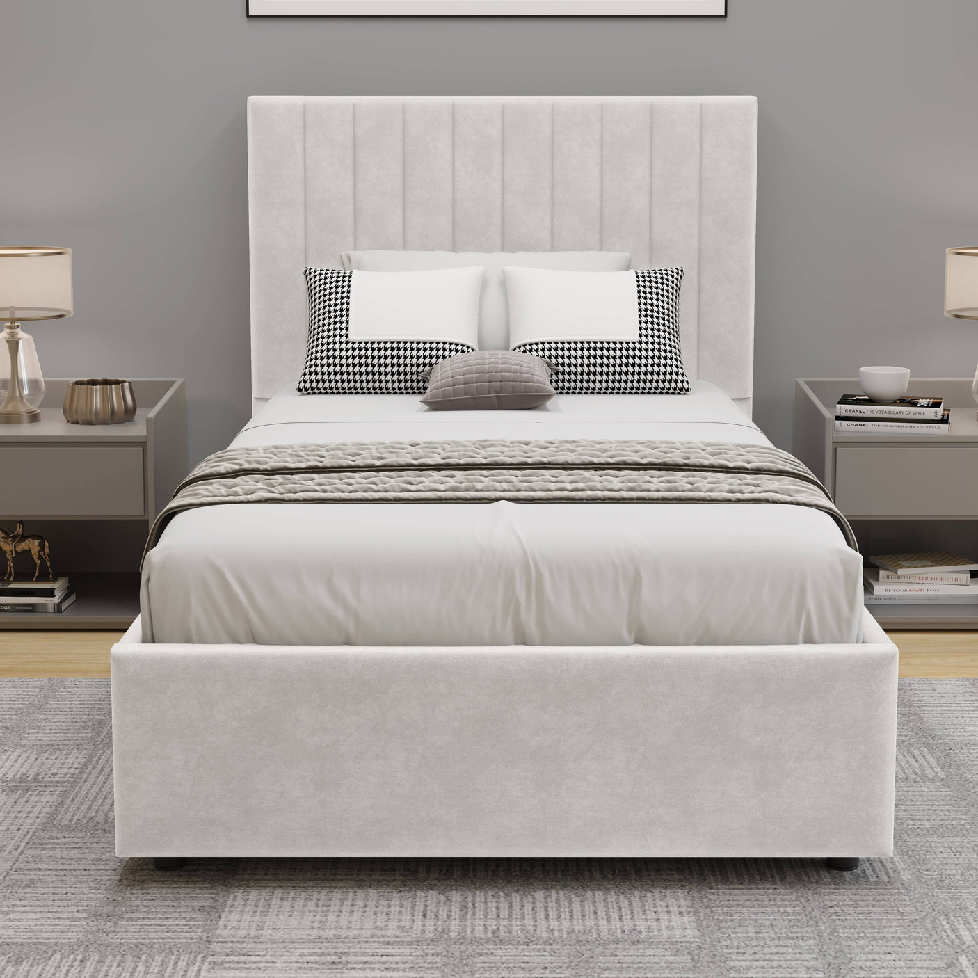 Beige ottoman single bed frame, offering stylish storage with a sleek, modern look.