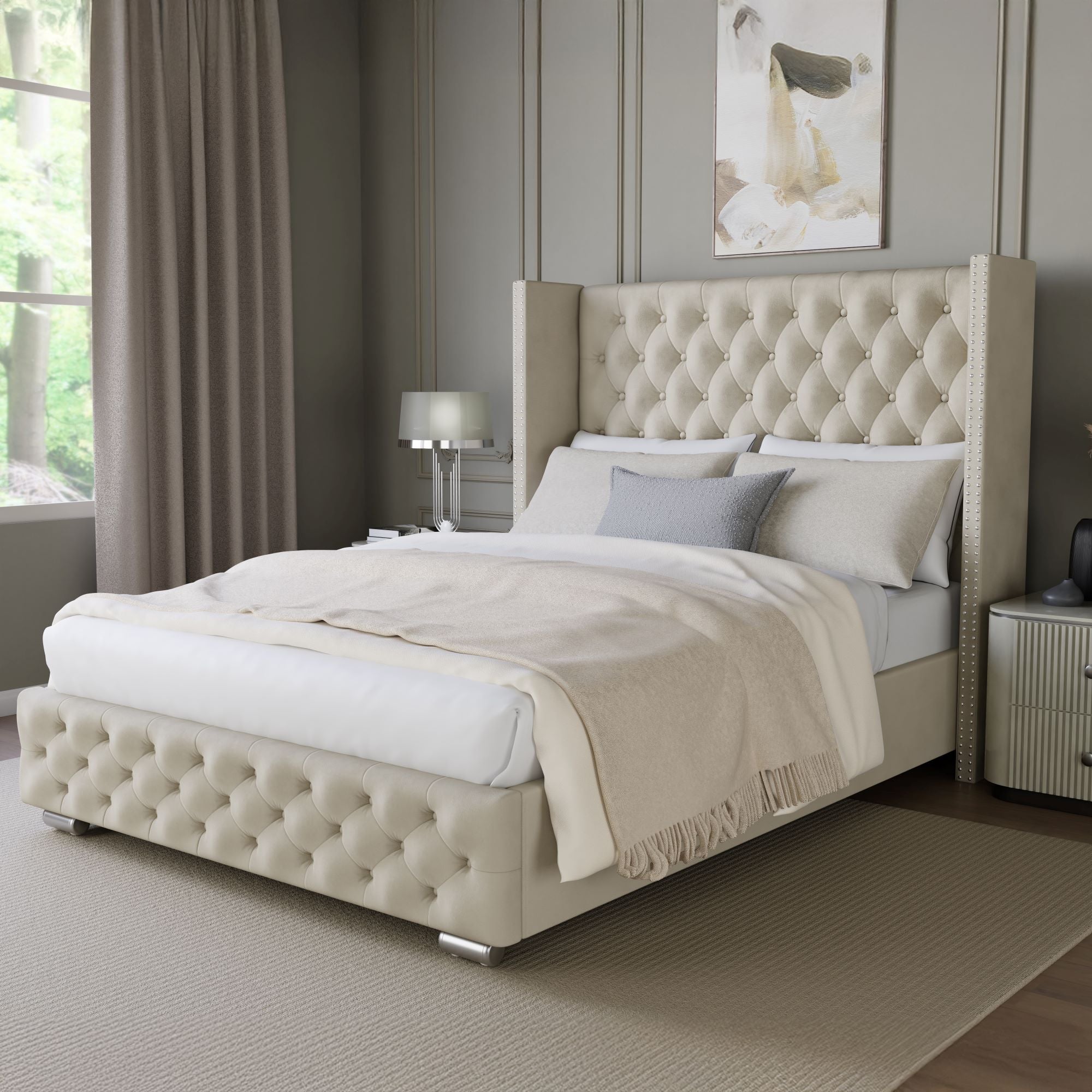 Ottoman single bed with storage, featuring a tufted upholstered headboard, studded detailing.