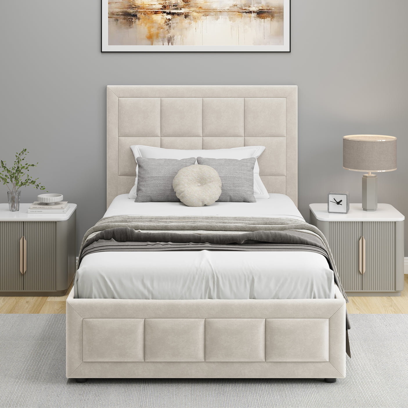Ottoman single bed ,cushions and pillows for comfort and storage.